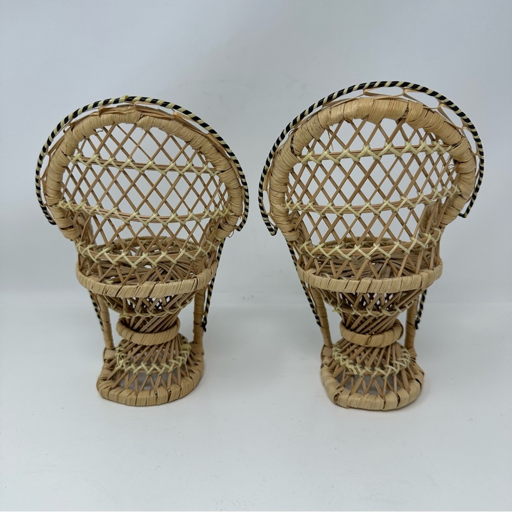 Vintage Mini Peacock Wicker Fan Back Rattan Chair, Doll Plant Stand 8” Set of 2
